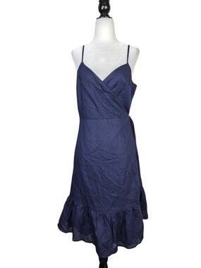 GAP Linen Navy Wrap Cami Midi Dress with Ruffle Hem